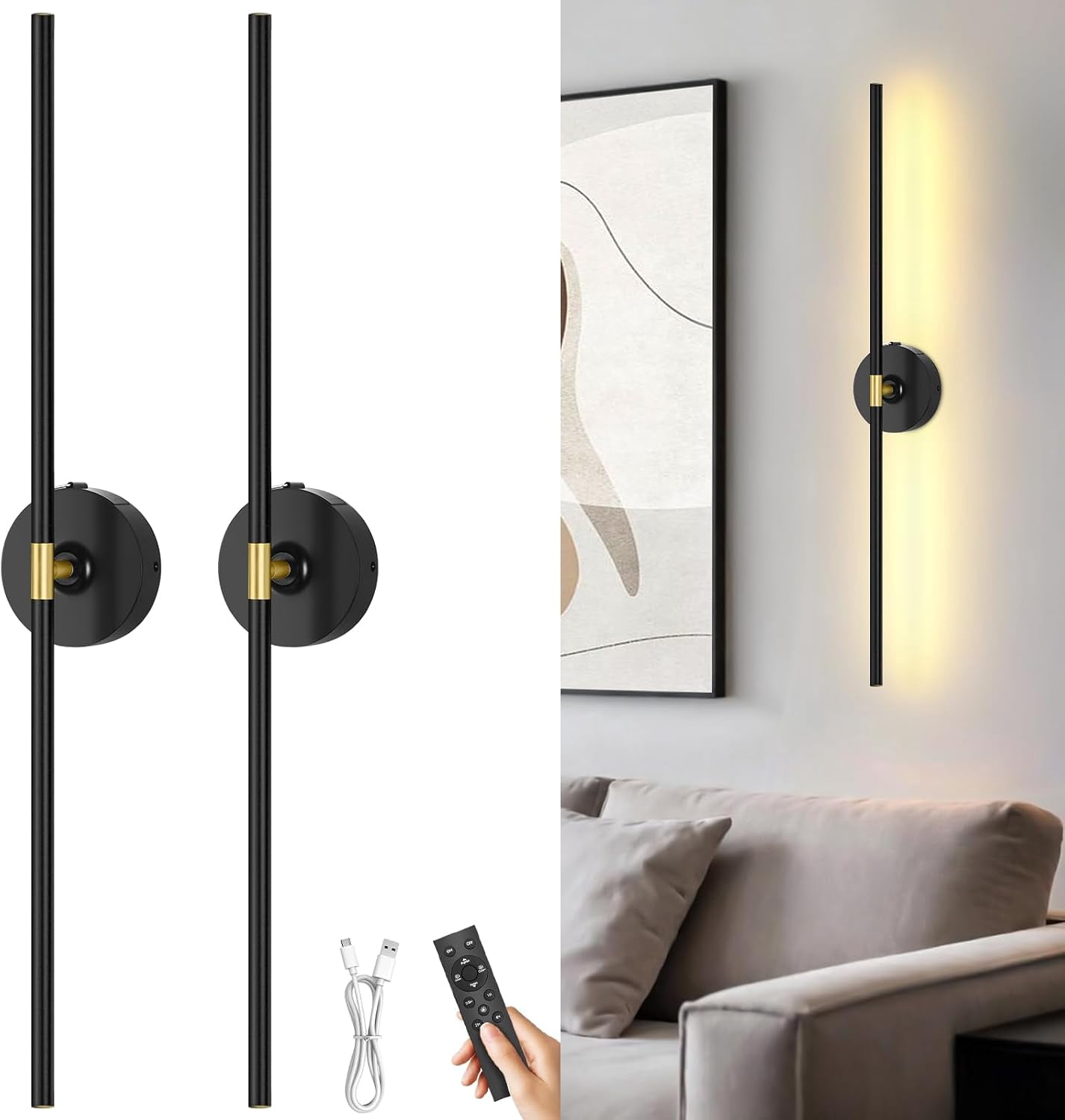 Battery Operated Wall Sconces Set of 2 with Remote Control 3000K–6000K ...