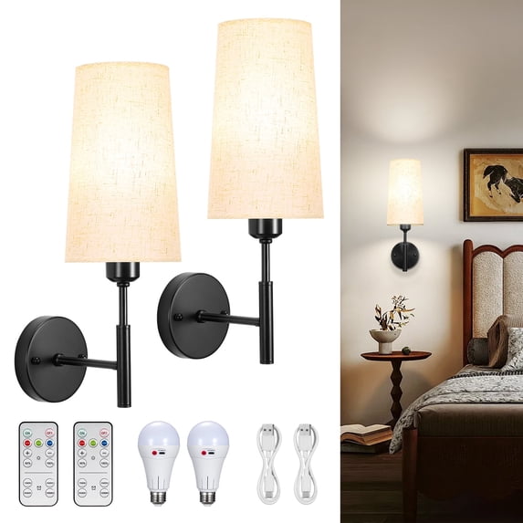 Battery Operated Wall Sconces Set of Two, Wireless, Rechargeable No Wiring Wall Lamp/Light for Bedroom, Black