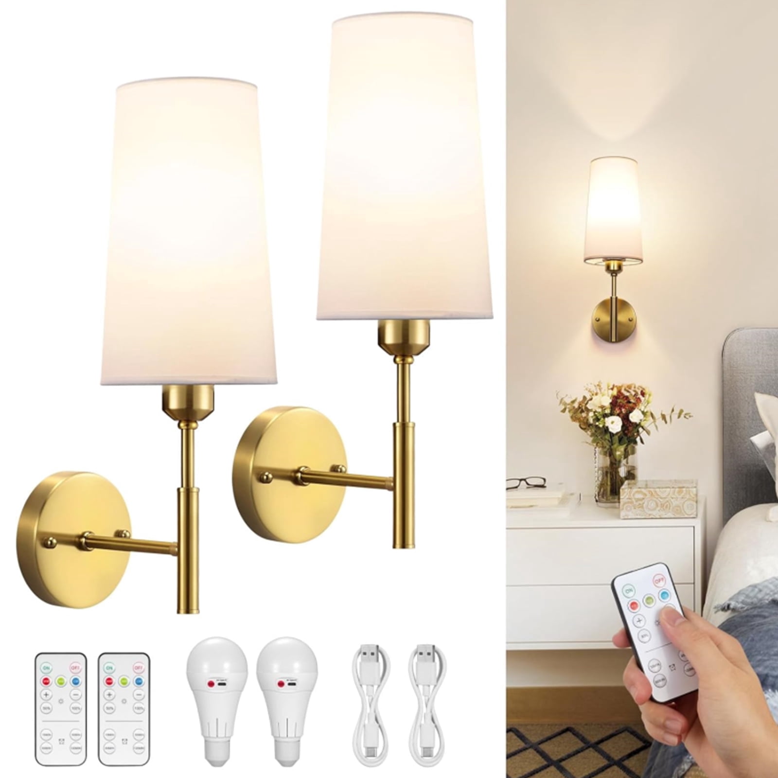 Battery Operated Wall Sconces Set of Two, Wireless, Rechargeable No Wiring Wall Lamp/Light for Bedroom, Gold