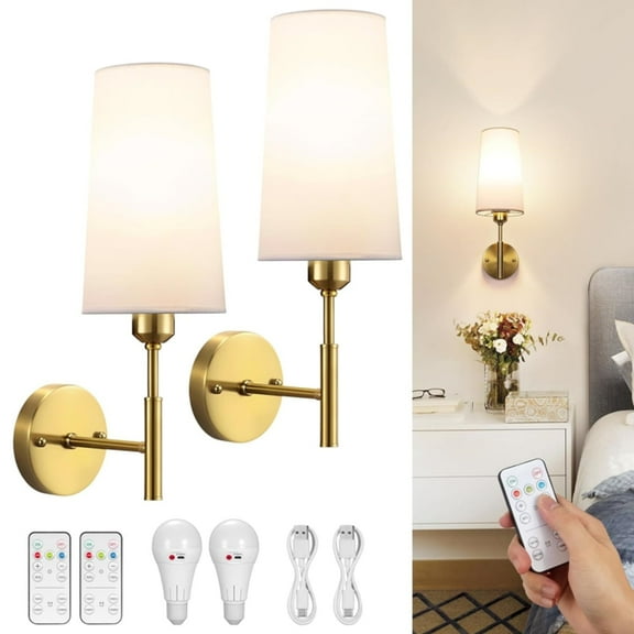 Battery Operated Wall Sconces Set of Two, Wireless, Rechargeable No Wiring Wall Lamp/Light for Bedroom, Gold