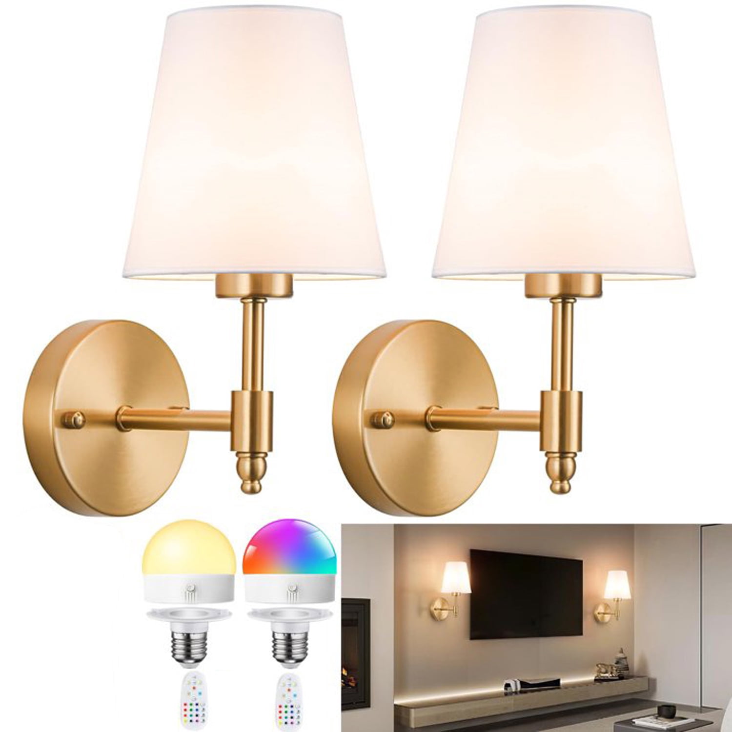 D.FAMILY Battery Operated Wall Sconces , Rechargeable Dimmable Wall Light with RGB Bulb and Remote