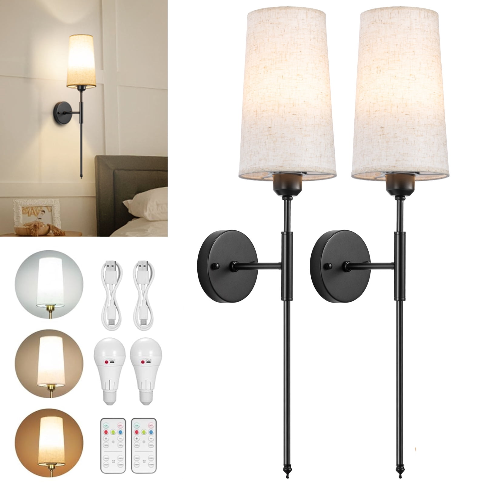 Battery Operated Wall Sconces with Remote Control,Wall Sconces Set of Two,3000K-5000K 3 Colors Rechargeable Wireless Wall Light for Bedroom, Hallway