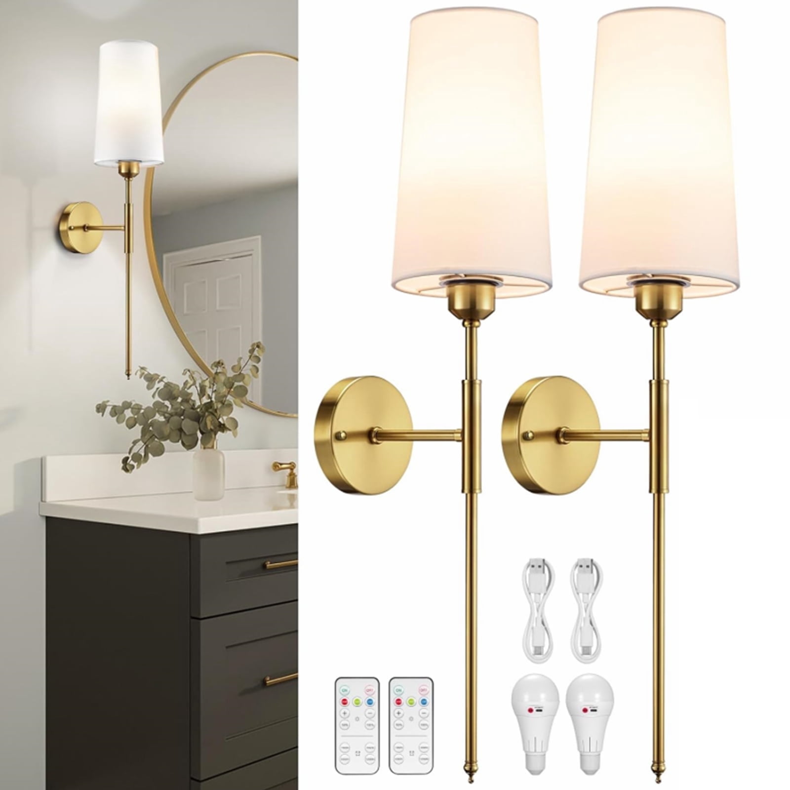 Wall Sconces Set of 2, Battery Operated Wall Sconces with Remote Control,3000K-5000K 3 Colors Rechargeable Wireless Wall Light for Bedroom, Hallway