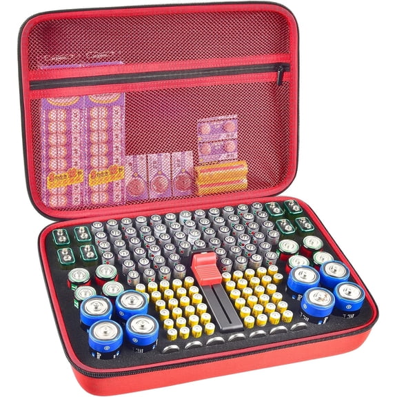 Battery Organizer Case, 150+ Batteries Storage Holder Container with Tester. Garage Organization Box for AA AAA 9V C D Lithium 3V LR44 CR2016 CR1632 CR2032 CR2025 (Not Includes Battery Pack) -Red