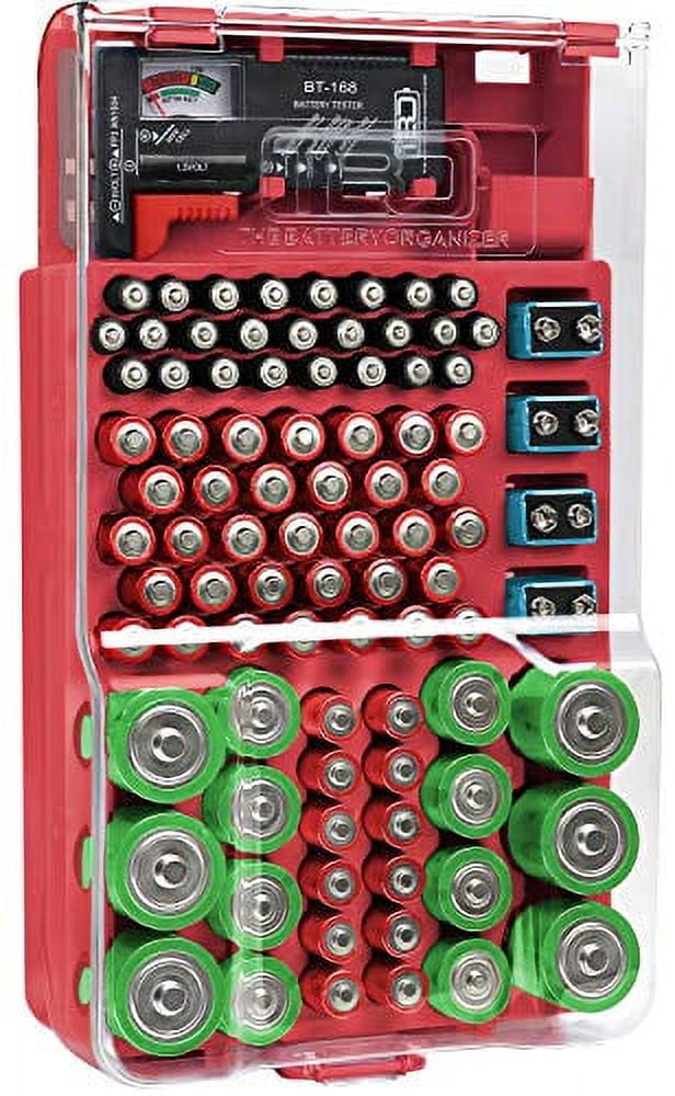The Battery Organizer Storage Case with Hinged Clear Cover and closing latch, includes a Removable Battery Tester, Holds 93 Batteries Various Sizes (Red)
