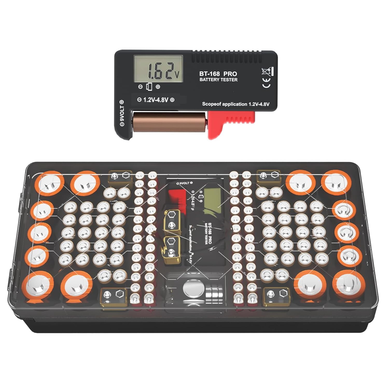 Battery Organizer Storage Case with Tester, Stores & Protects Up to 136 Batteries, Holds AAA AA C D 9V Button Cell with Clear Locking Lid for Home & Garage (Holds 136 Batteries)