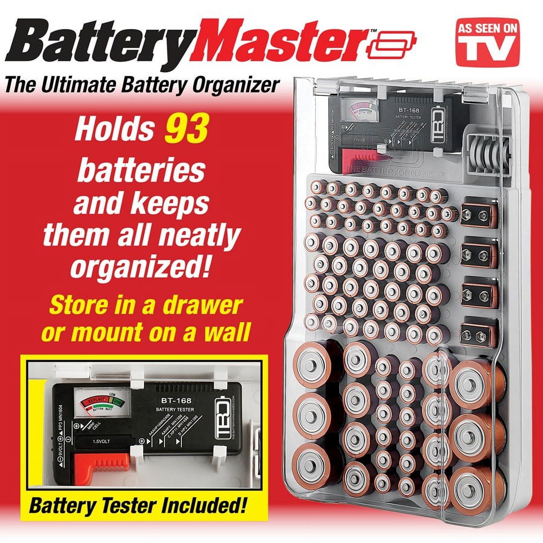 Battery Organizer Storage Case Box with Cover Battery Storage Case Battery Tester Includes Holds 93 Batteries Various Sizes