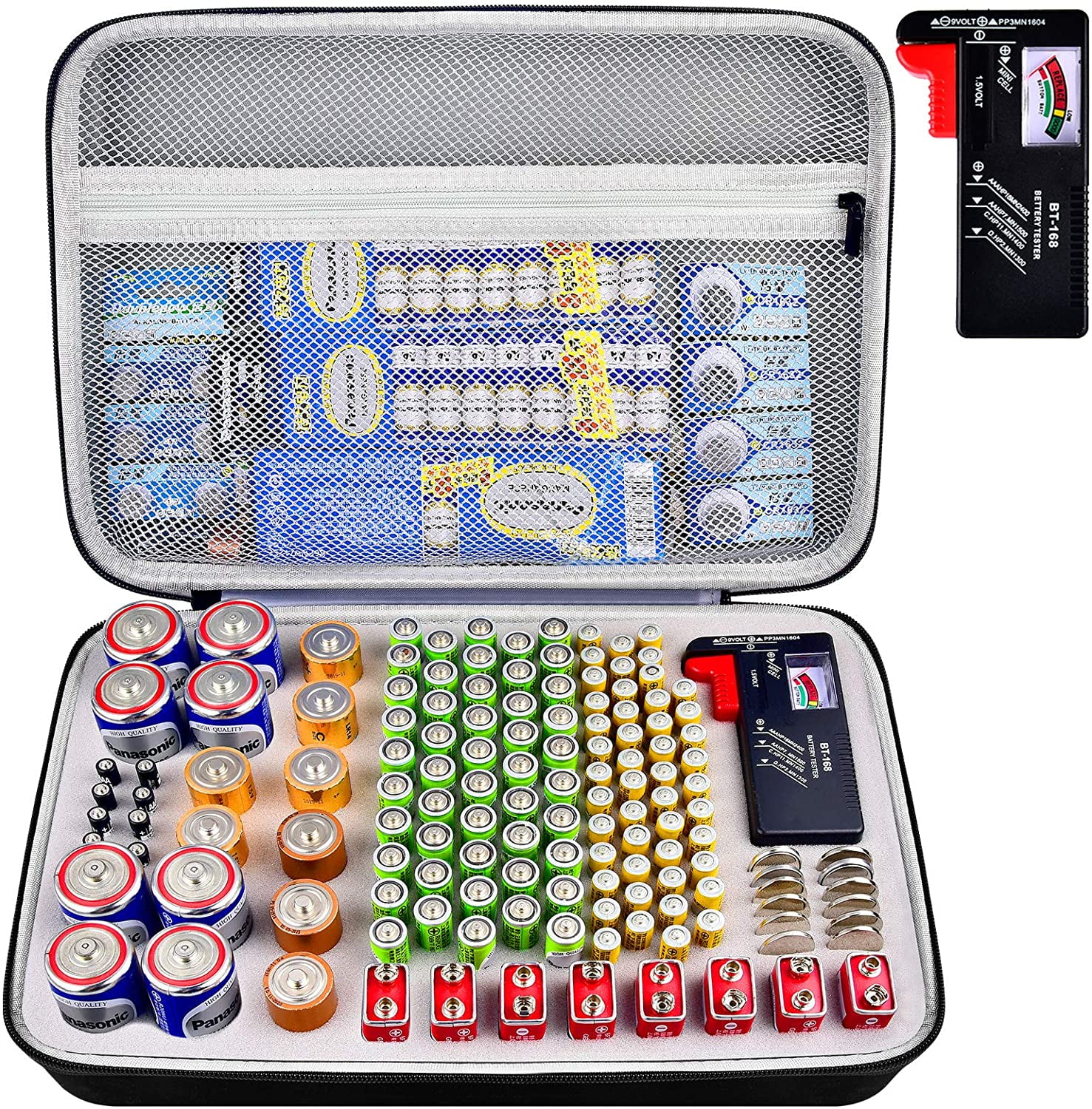 Battery Organizer Storage Case with Tester, Batteries Box Holder Garage Container Bag Fits for AA AAA AAAA 9V C D Lithium 3V (Not Includes Batteries) -