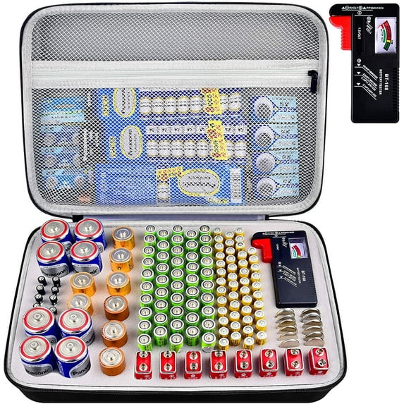 CULEUTIL Battery Organizer Storage Case with Tester, Batteries Box Holder Garage Container Bag Fits for AA AAA AAAA 9V C D Lithium 3V (Not Includes Batteries)