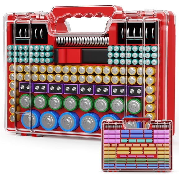 Battery Organizer Storage Holder Box Case with Tester, Ultra-Large 262+ Batteries Container with Double-Sided, Holds AA AAA 4A 23A C D Cell 9V 3V Lithium 4LR44 CR3 CR123A 18650 (Red)