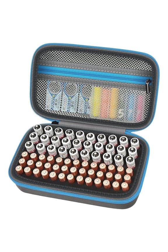 Battery Organizer Storage Holder Case Box for 69+ Batteries AA AAA C Cell 9V 3V Lithium - BT-168 (Blue, Small, No Tester Included)
