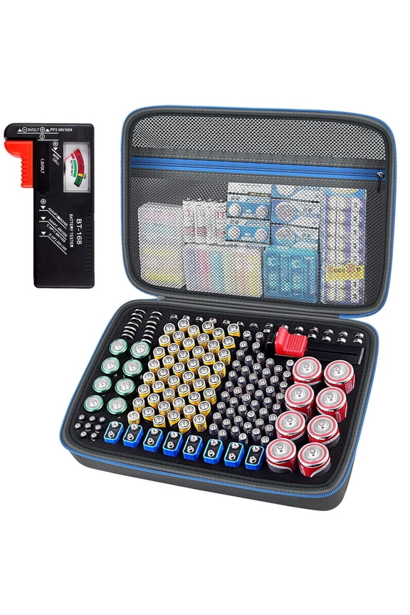Battery Organizer Storage Holder Case Box with Tester Checker BT-168. Holds 225 Batteries AA AAA C D Cell 9V 3V Lithium (Blue, Large)