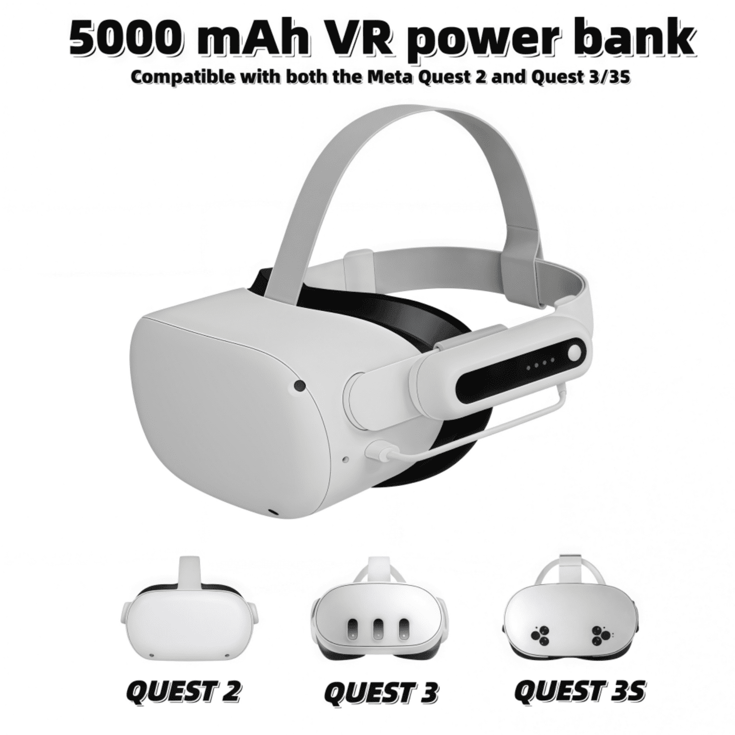 Battery Pack for Meta Quest 2/3/3S,5V2A  fast charge,  5000mAh Head Strap Battery Charger for Oculus Quest 3/3S Accessories -Lightweight & Portable Rechargeble Extended Battery Extra VR Playtime.