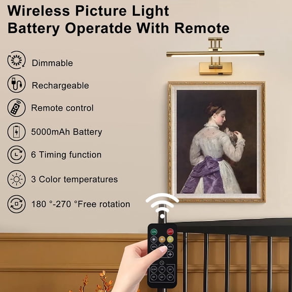 Battery Picture Lights for Wall, Rechargeable Gallery Light Wireless Art Display Lights with Dual-Rods Swing Arm Brass Painting Light with Remote & Timer 3CCT Dimmable Wall Sconces for Portrait 16