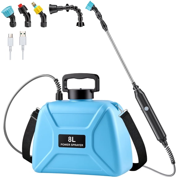 Battery Powered Backpack Garden Sprayer, 2 Gallon Electric Pump Lawn Weed Sprayer with Retractable Wand & 4 Adjustable Nozzles, USB Rechargeable Spraying Equipment for Outdoor Gardening