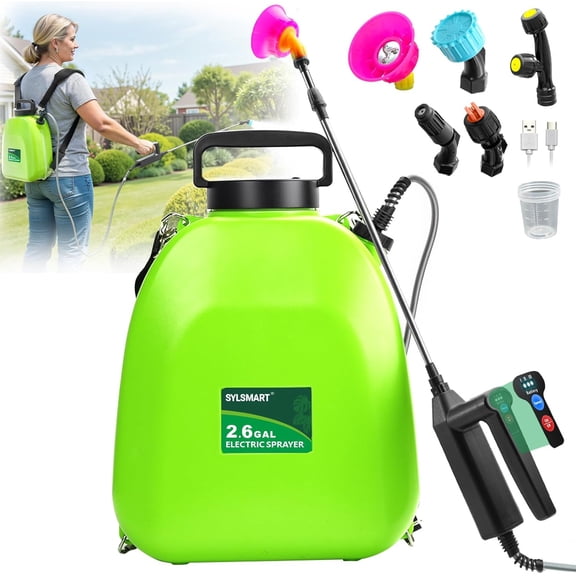 Battery Powered Backpack Sprayer 2.6Gallon, Electric Sprayer with 3-Adjustable Sprayings, Battery Indicator, 5 Nozzles, 41" Retractable Wand, Rechargeable Garden Sprayer for Weed, Lawn&Yard