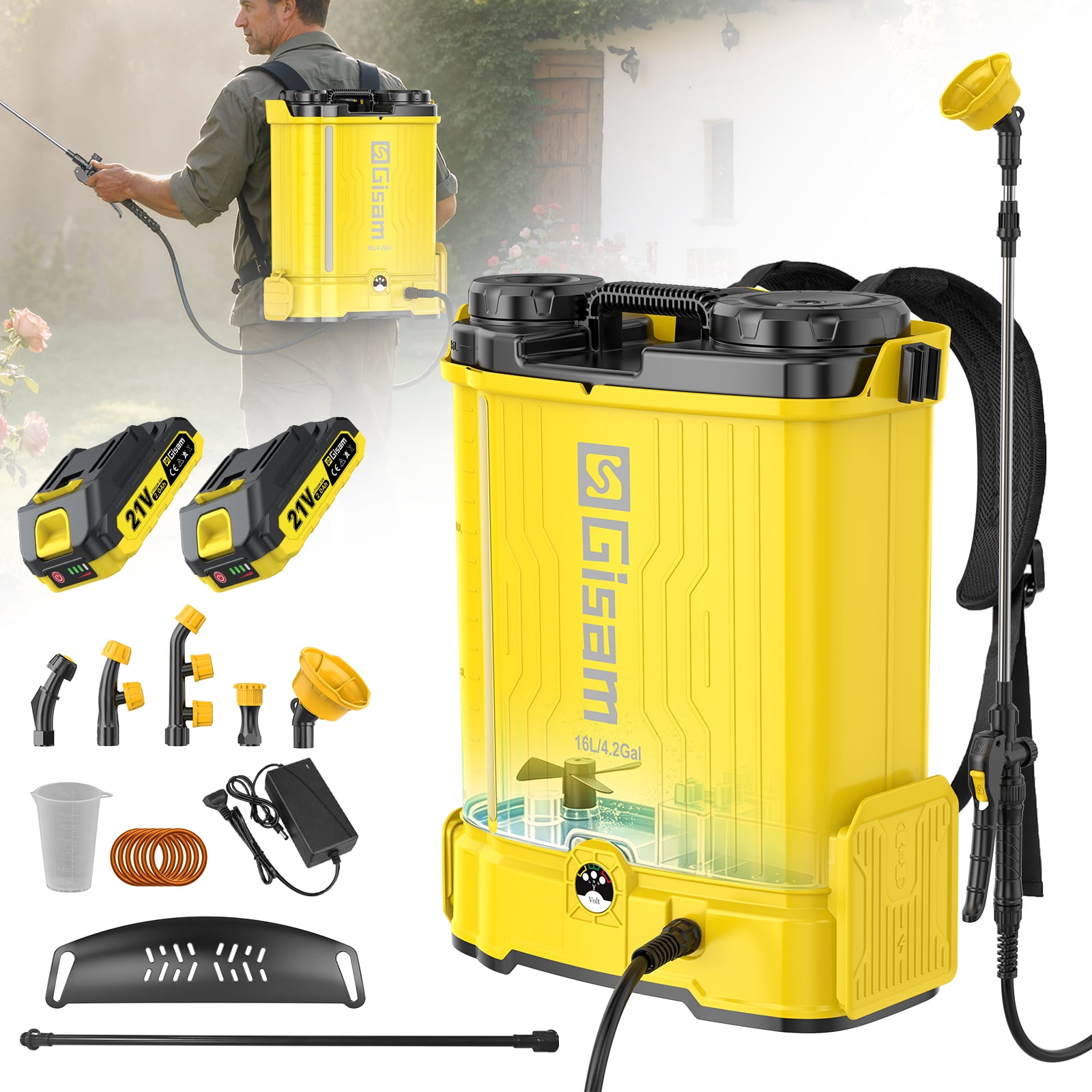 Gisam Battery Powered Backpack 4.2 Gallon with Auto Mixer, 120 PSI Electric Pressure Sprayer,w/ 2 Batteries, Telescopic Wand &Corrosion-Resistant Wand, 5 Nozzles, Sprayer for Lawn Yard Garden Plantin