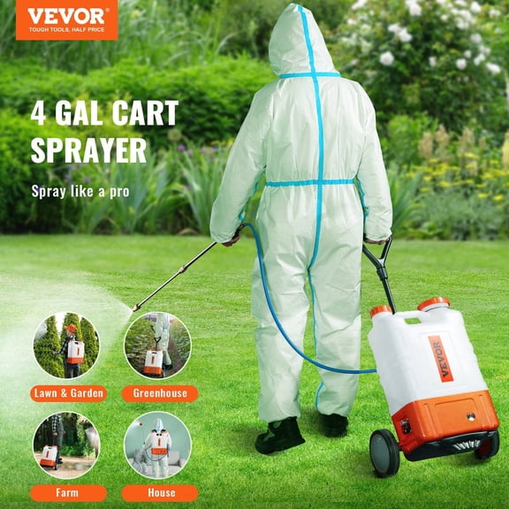 Battery Powered Backpack Sprayer with Cart,0-94 PSI Adjustable Pressure,4 Gallon Tank on Wheels,with 8 Nozzles&2 Wands,12V 7.2Ah Battery,Wide Mouth Lid for Weeding,Spraying,Cleaning