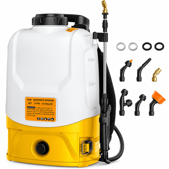Battery Powered Backpack Sprayer, for DeWalt Max 20V Battery, 73 PSI Adjustable Pressure, 4.3 Gallon Electric Sprayer for Lawn, 6 Nozzles, 2 Spray Wands (Bare Tool Only)