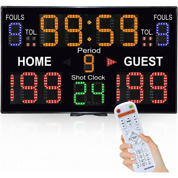 Battery Powered Basketball Scoreboard with Countdown Timer, Support 12/14/24/30S Custom Shot Clock, Digital Electronic Scorekeeper for Indoor Outdoor Basketball, Wall Mount, Remote Control