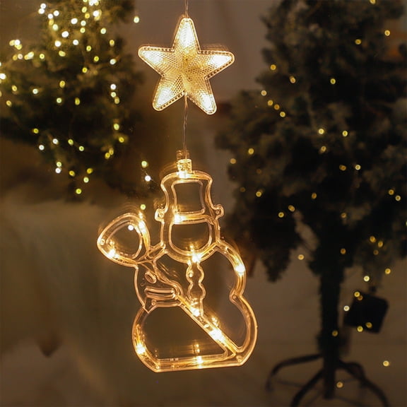 Battery Powered Christmas LED Window Light with Suction Cup, Snowflake and Snowman Design for Indoor Bedroom or Tree Decoration, Warm White Lights, 20x15cm