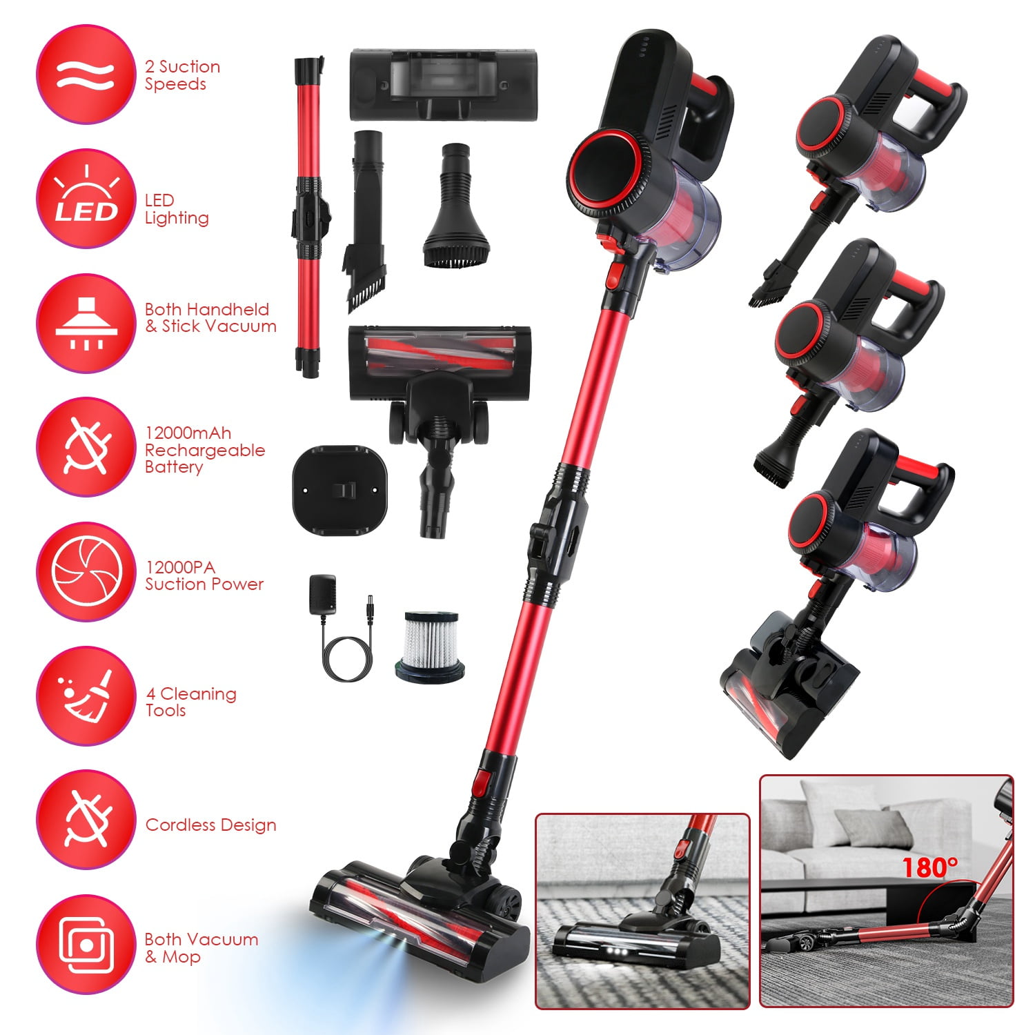 Battery Powered Cordless Vacuum Cleaner, Lightweight Upright Handheld