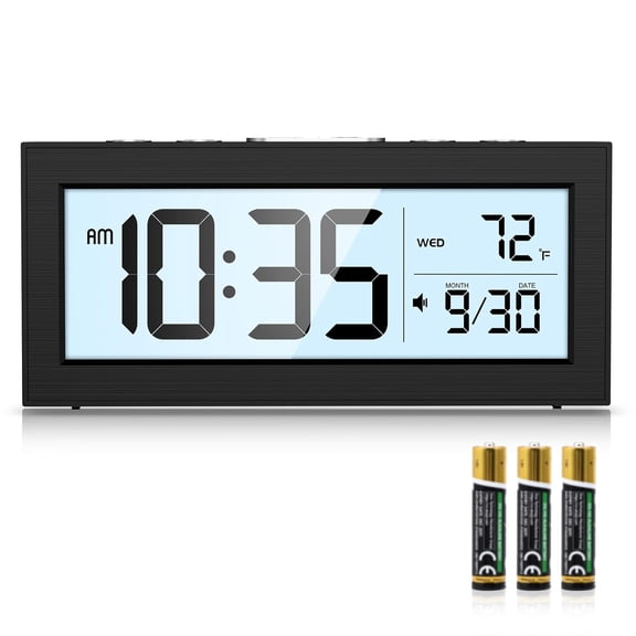 Battery Powered Digital Clock, LCD Digital Clock with Date & Temp Display, 5 Alarm Schedule, Snooze, 12/24 H, Auto Dimming, 5s Backlight, Small Alarm Clocks for Bedroom, Office, Travel