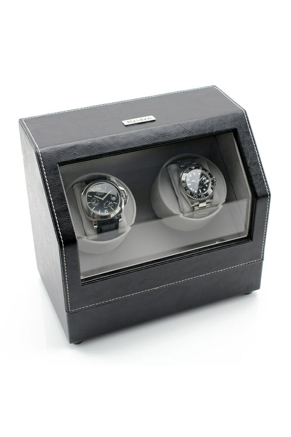 Battery Powered Dual Watch Winder - Black Leather
