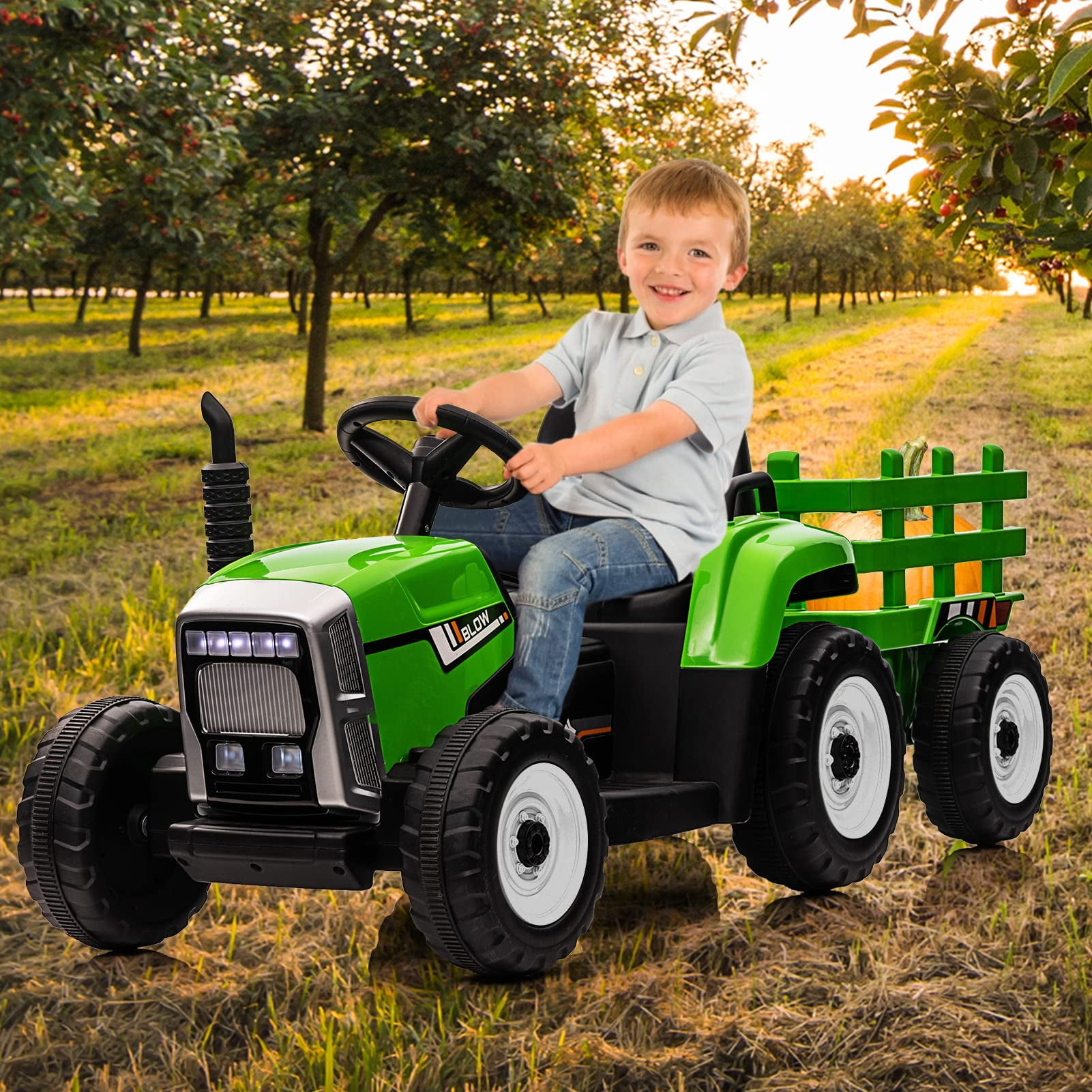Battery Powered Electric Tractor with Trailer, Toddler Ride On Car with