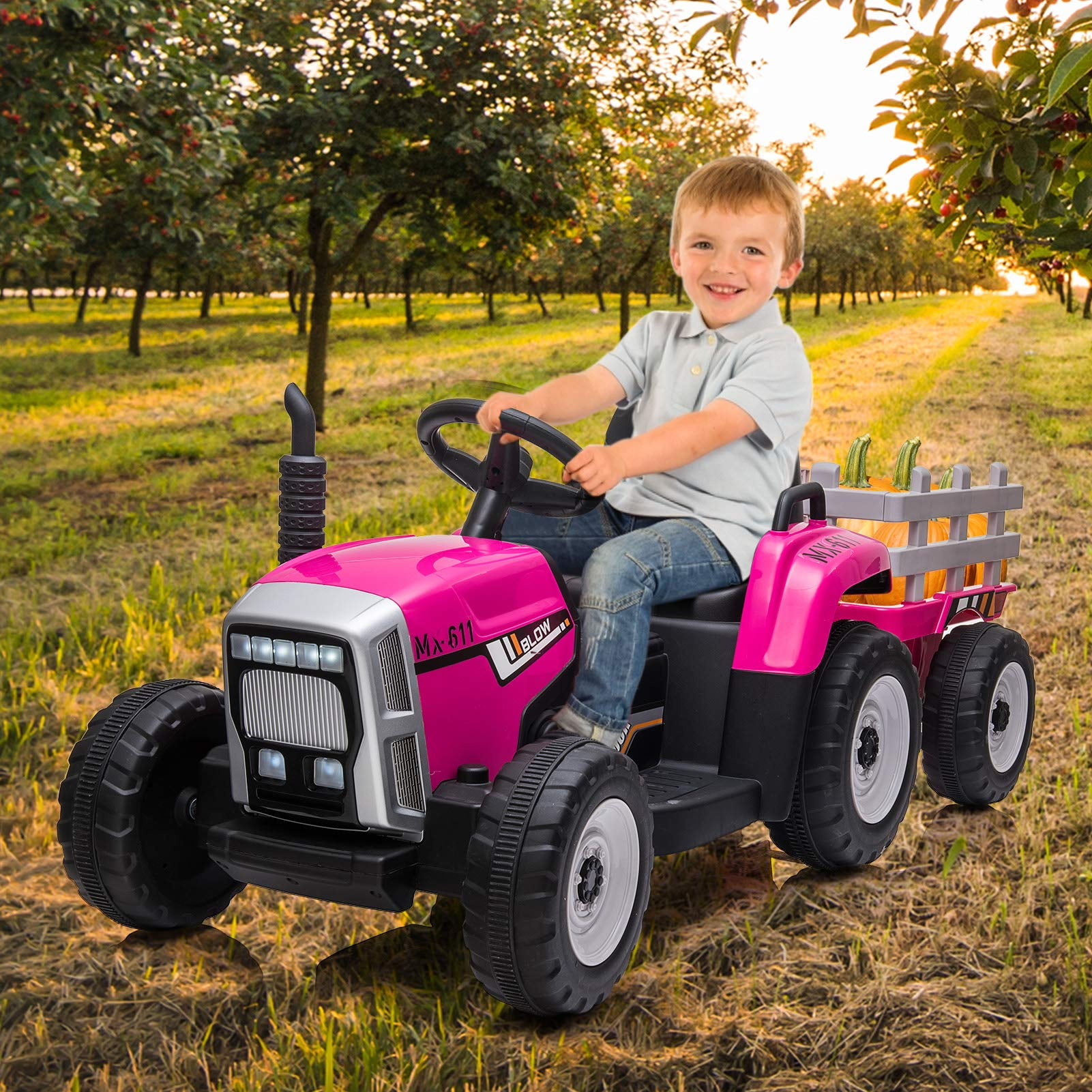 Battery Powered Electric Tractor with Trailer, Toddler Ride On Car with