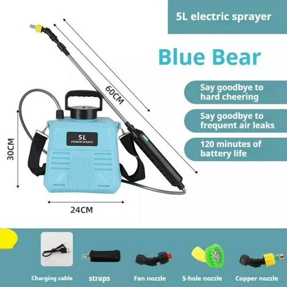 Battery Powered Garden Sprayer 1.3 Gallon, Powerful Electric Backpack Sprayer, Weed Yard Lawn Sprayer with 5 Mist Nozzles & Retractable Wand & Adjustable Strap for Lawn, Garden, Yard, Blue