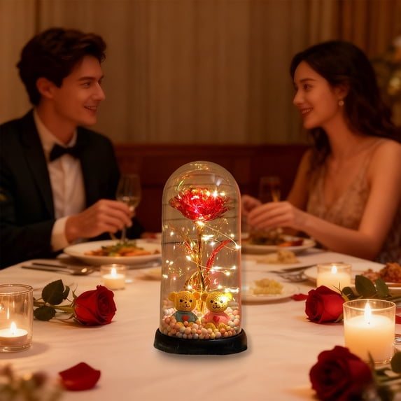 Battery Powered Glass Rose Night Lamp,LED Preserved Flower with 2 Bears Decorative Light for Valentine's Birthday Christmas,Romantic Lighting for Bedroom Living Room Home Tabletop Decoration-Red