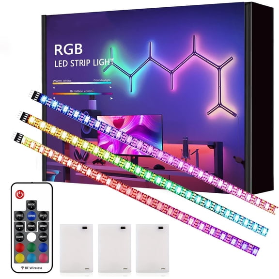 Battery Powered LED Strip Lights, Wireless RGB LED Strip Lights with 24 Keys Remote Control, 20 inch x 3 Pack for Kitchen Under Cabinet Lighting, Shelves, Under Counter, Closet, Cordless Click Light