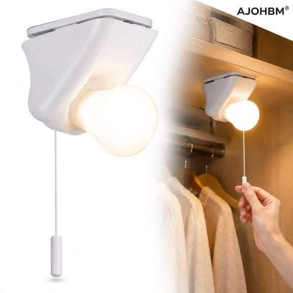 AJOHBM Battery Powered LED Wall Light, No Drill Self-Adhesive Rotatable Portable Wall Lamp, Pull Cord Night Light for Closet, Cabinet, Bedroom, Stairwell, RV