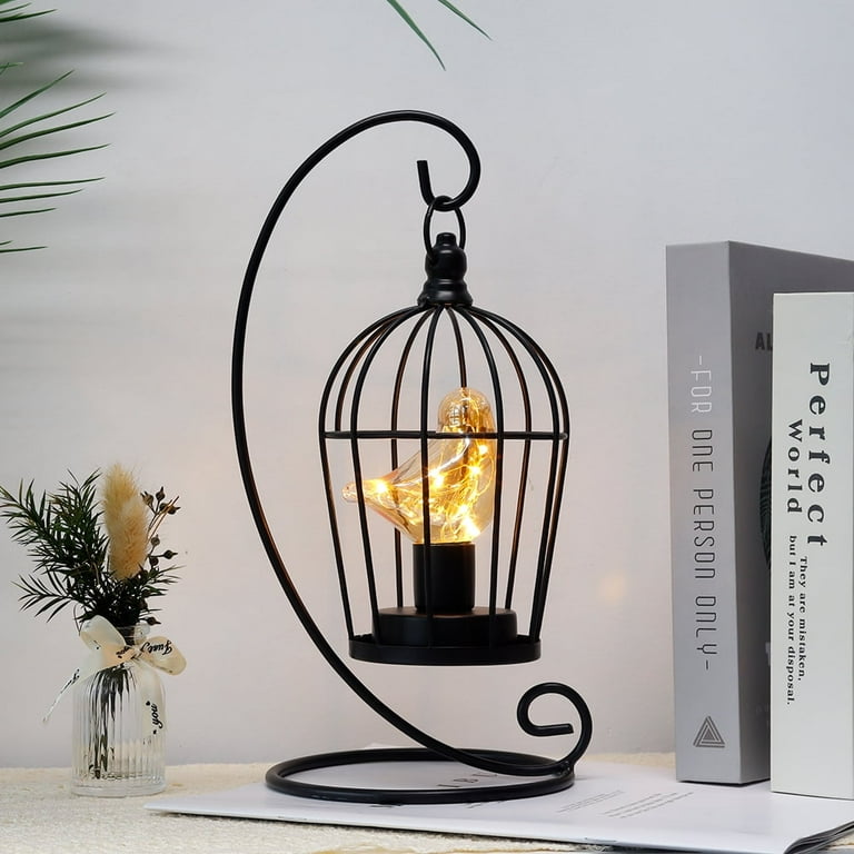 JHY DESIGN 12'' High Cordless Cage Light, Metal Birdcage Table