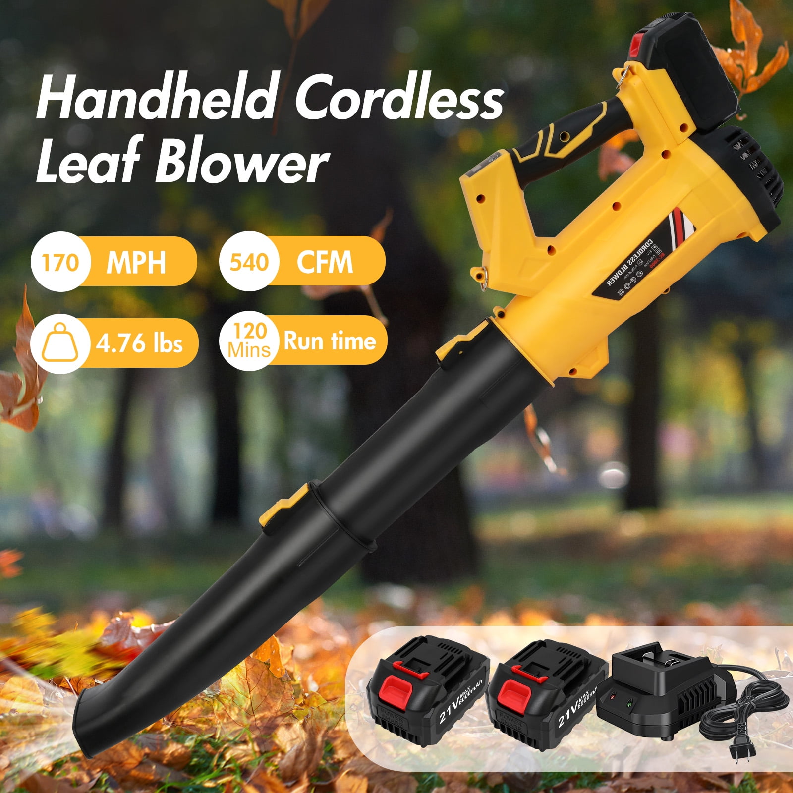 Battery Powered Leaf Blower with 2x6000mAh Batteries, 21V Cordless Leaf Blower, Electric Leaf Blowing Machine with 6 Speed Mode, 170MPH for Patio Garden Lawn Cleaning Snow Dust Blowing