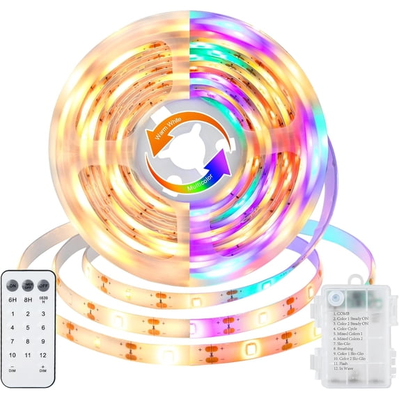 Battery Powered Led Strip Lights with Remote Warm White, 8 Modes, Dimmable, Timer, Self-Adhesive, Cuttable, Waterproof, 9.8FT 90Led Strip Lights for TV Kitchen Cupboard Bedroom Decor