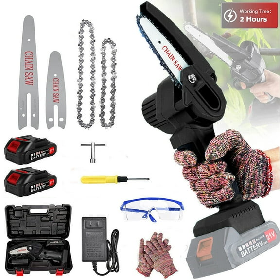 Battery Powered Mini Chainsaw with 2pcs Rechargeable 21V Battery, Lightweight Small Chainsaw Set with both 4" and 6" Chains