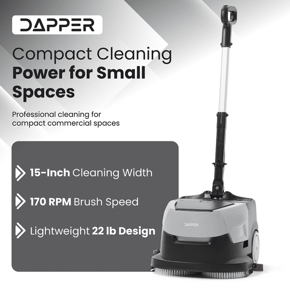 Battery Powered Mini Floor Scrubber, 15" Cleaning Width, 90-Min Runtime for Small Commercial Spaces.