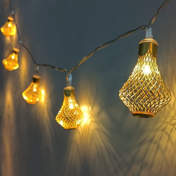 Battery Powered Moroccan Lantern String Lights 10Ft 20 LED Golden Raindrop Warm White Lights for Outdoor Indoor Decor