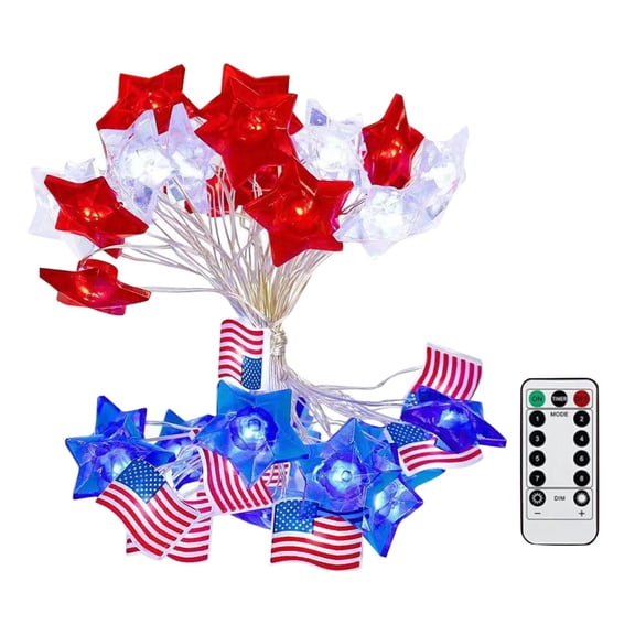 Battery Operated Outdoor String Lights, Red Fairy Lights Battery Operated, 156 In, 40 Led, Star Motifs, Patriotic Holiday, Red White Blue, Waterproof, 1 Remote Included, 1 Set