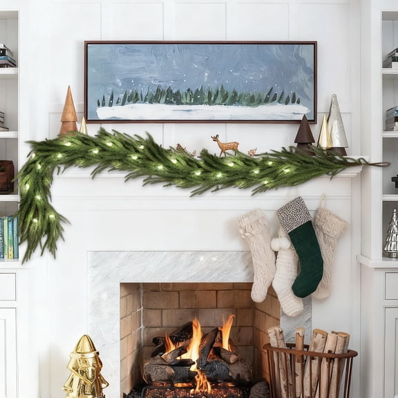Battery Powered Pine Garland - 6FT LED Christmas Greenery with Realistic Needles,Holiday Light Decor