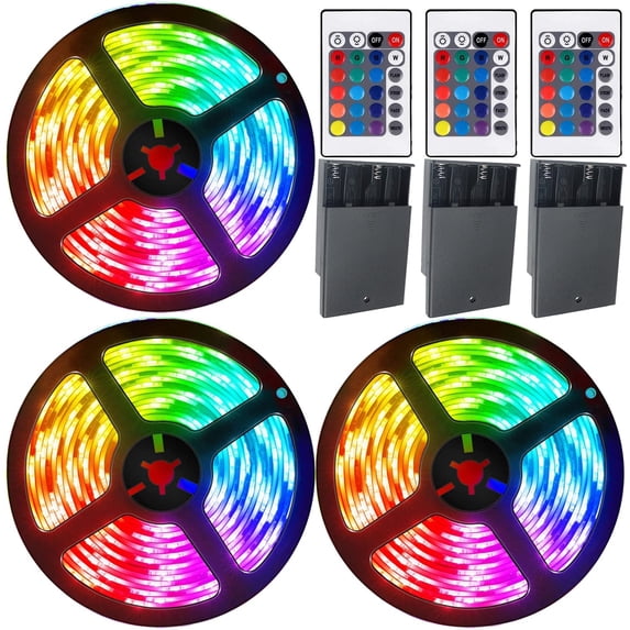 Led Remont Battery Powered RGB LED Strip Lights 30FT 270LEDs Color Changing Remote ...