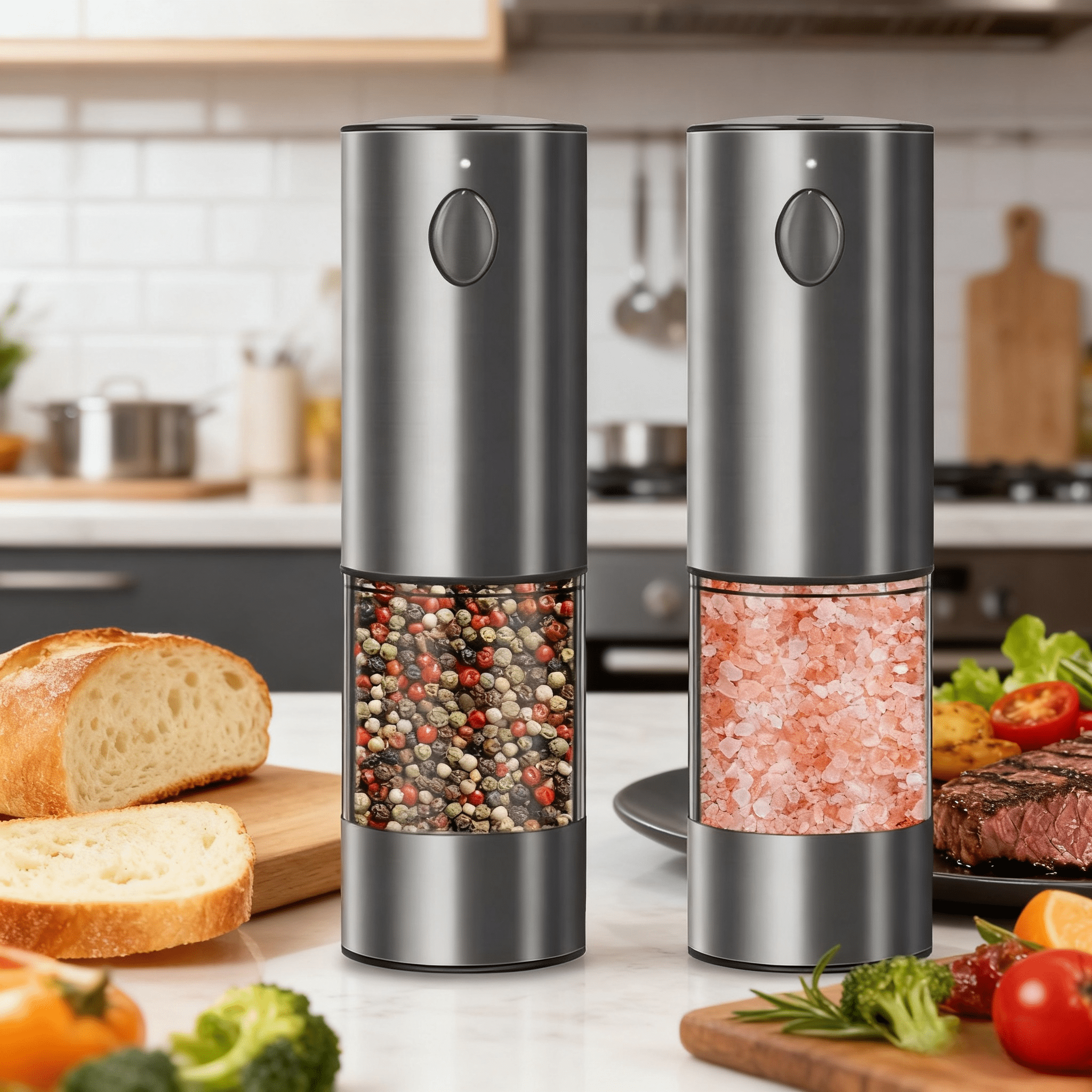 Battery-Powered Salt and Pepper Grinder Set (2PCS) - Automatic Spice Grinder Adjustable Coarseness for Kitchen