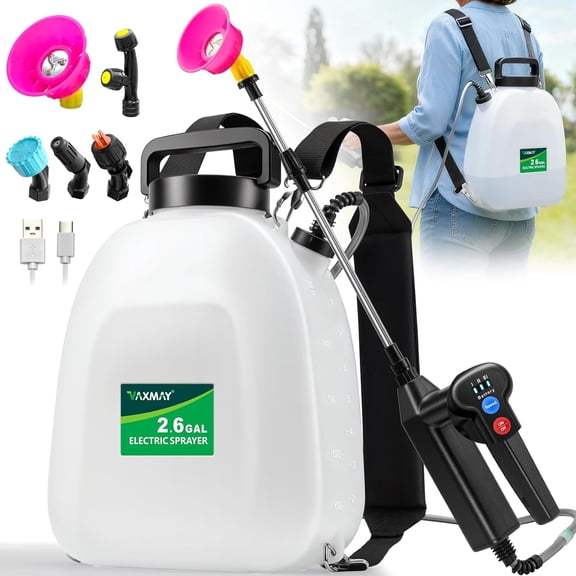 Battery Powered Sprayer 2.6 Gallon, Backpack Sprayer with 3 Adjustable Forces, Battery Indicator, 5 Mist Nozzles, 41" Retractable Wand, USB Rechargeable Garden Sprayer for Weed Lawn Yard