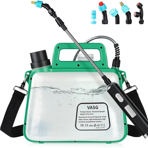 Battery Powered Sprayer 2 Gallon, 7.4V Foldable Electric Pump Sprayer, Weed with Waterproof Rechargeable Handle, 5 Mist Nozzles, Retractable Wand, Adjustable Strap for Lawn, Garden, Yard