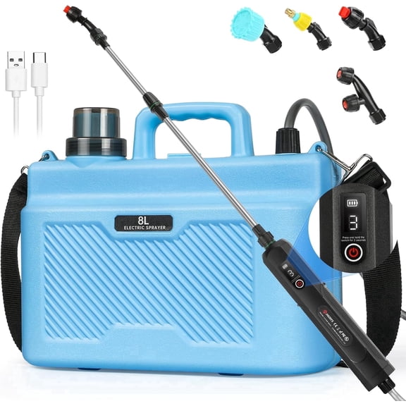 2 Gallon Battery Powered Garden Sprayer, Upgrade Electric Garden Sprayer with  USB Rechargeable,6 Spray Modes, 4 Mist Nozzles,, Retractable Wand & Adjustable Strap for Lawn Garden Weed Control