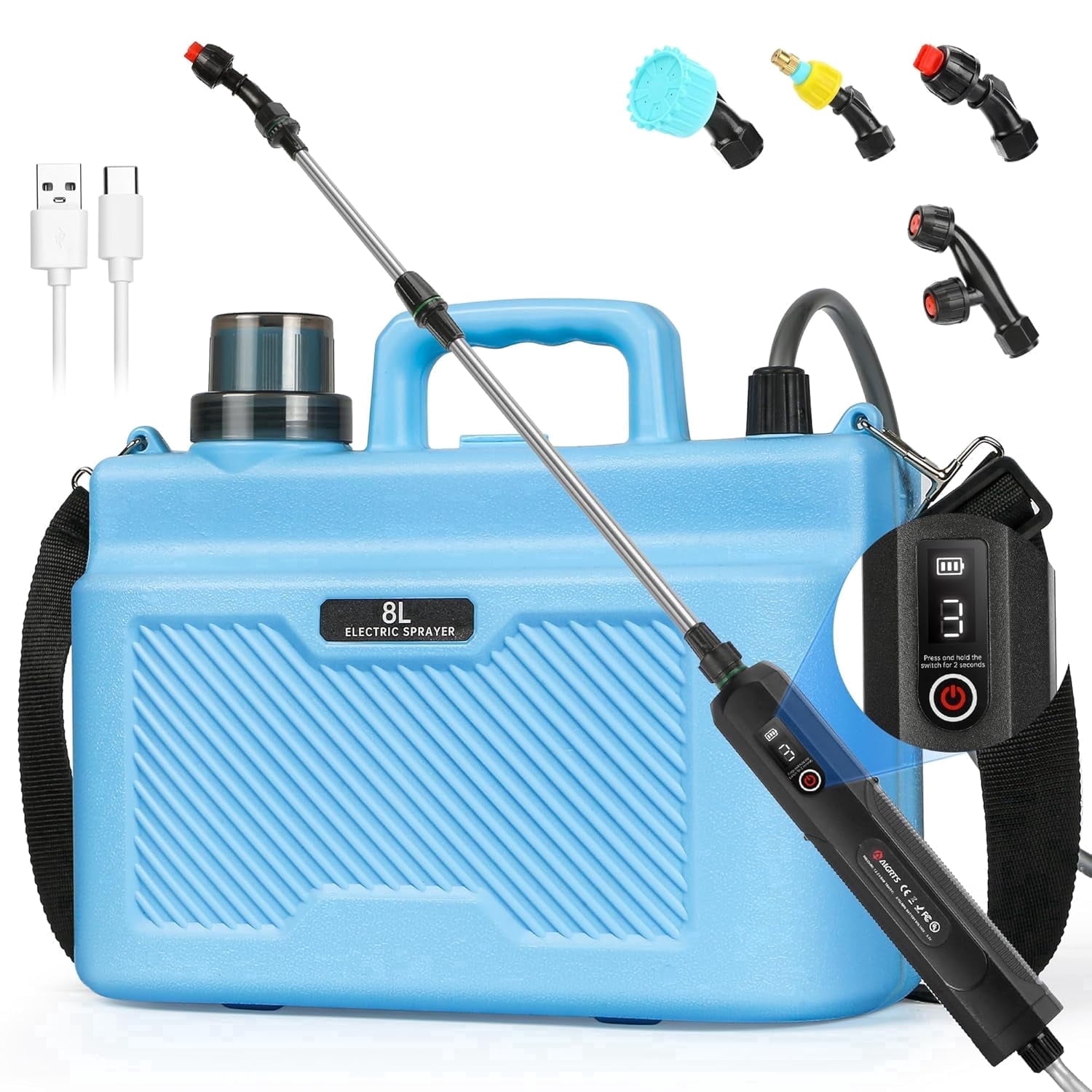 2 Gallon Sprayer Battery Powered,Rechargeable Electric Garden Sprayer with Battery Indicator,3 Speeds,4 Nozzles,Retractable Wand, Adjustable Padded Shoulder Strap for Lawn Yard and Garden