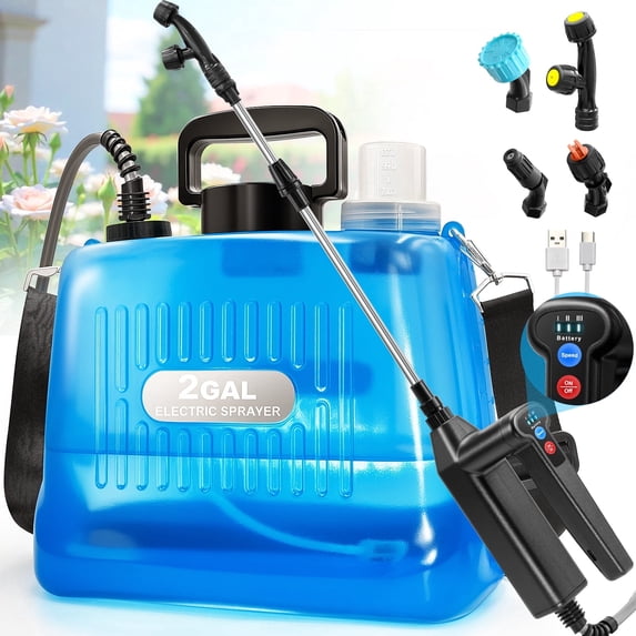 SYLMAX Battery Powered Sprayer 2 Gallon, 2026 New Electric Garden Sprayer with 3 Spray Force, Rechargeable Handle, Battery Indicator, 23.6" Telescopic Wand, 4 Mist Nozzles & Shoulder Strap