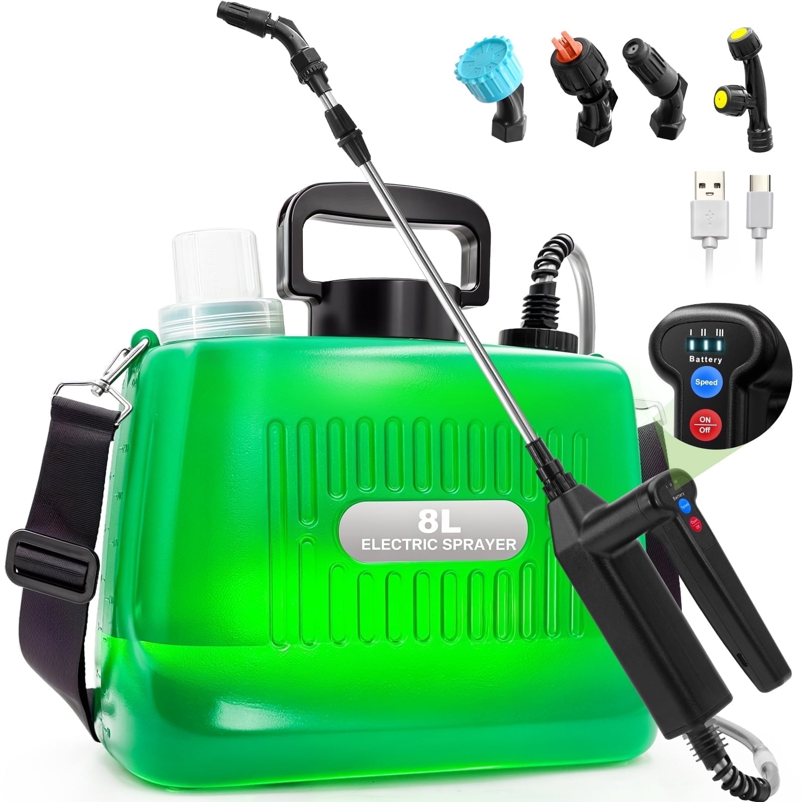 Battery Powered Sprayer 2 Gallon, 2025 New Electric Garden Sprayer with 3 Spray Force, Battery Indicator, Rechargeable Handle, 23.6" Telescopic Wand,4 Mist Nozzles,Shoulder Strap, for Lawn and Garden